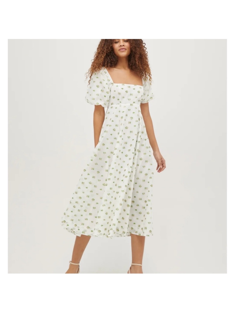 Hill House White Midi Dress with Green Floral Print organza